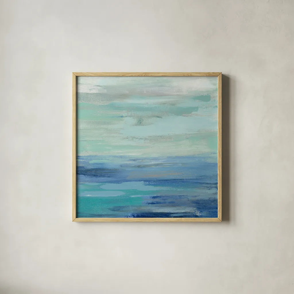 Sunset Beach II no Orange by Silvia Vassileva. Shown in a natural wood glass frame for a timeless modern aesthetic. Available as an archival giclee rolled canvas, fine art paper, or poster print. SKU 41856a.