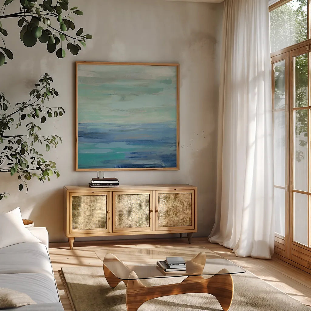 Sunset Beach II no Orange by Silvia Vassileva. Shown in a natural wood frame in a cozy modern living room. Available as an archival giclee rolled canvas, fine art paper, or poster print. SKU 41856a.