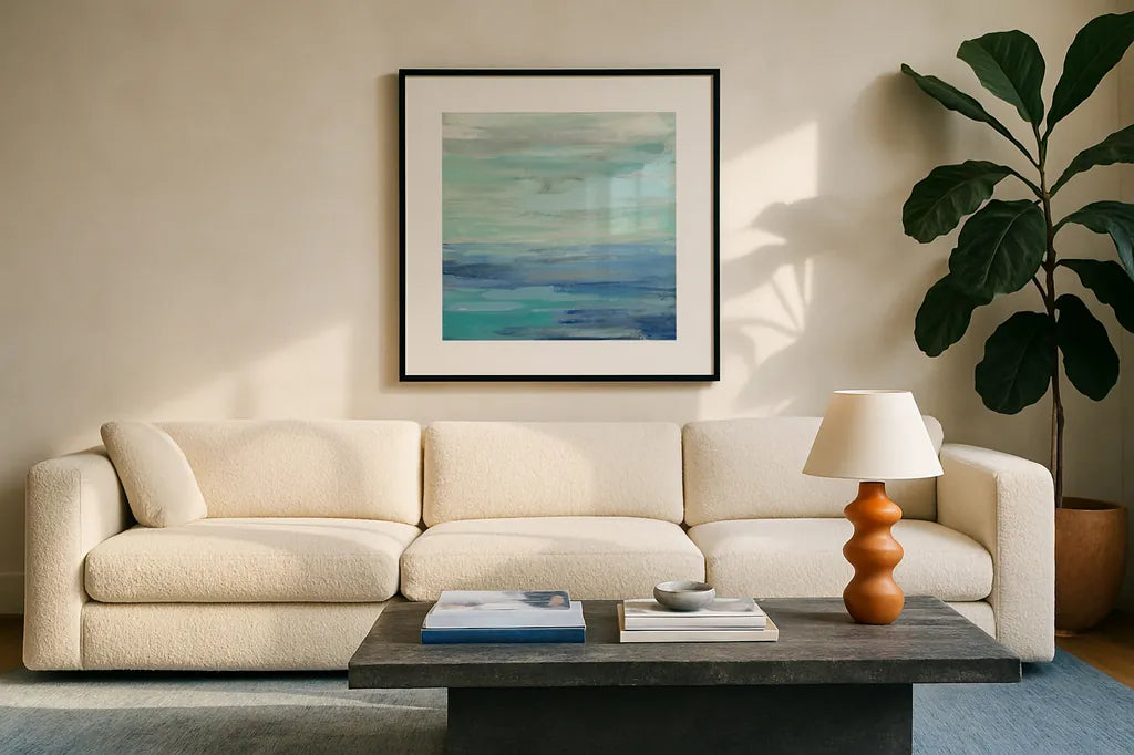 Sunset Beach II no Orange by Silvia Vassileva. Displayed in a glass frame with matte in a clean modern living room. Available as an archival giclee rolled canvas, fine art paper, or poster print. SKU 41856a.