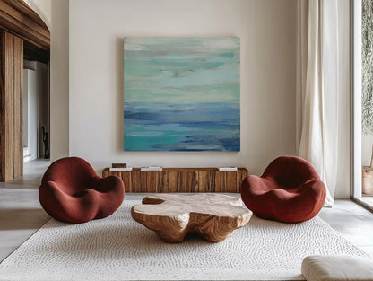 Sunset Beach II no Orange by Silvia Vassileva. Shown as extra-large giant wall art in a modern living room. Available as an archival giclee rolled canvas, fine art paper, or poster print. SKU 41856a.