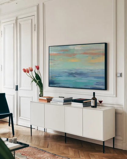 Sunset Beach III by Silvia Vassileva. shown as a framed stretched canvas in a living room above a console. Available as a archival giclee rolled canvas, fine art paper, or poster print. SKU 28162i.
