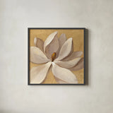 Sunset Flower I on Gold by Silvia Vassileva. Shown in a sleek black glass frame for a contemporary gallery look. Available as an archival giclee rolled canvas, fine art paper, or poster print. SKU 29084a.