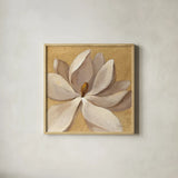 Sunset Flower I on Gold by Silvia Vassileva. Shown in a natural wood glass frame for a timeless modern aesthetic. Available as an archival giclee rolled canvas, fine art paper, or poster print. SKU 29084a.