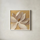 Sunset Flower I on Gold by Silvia Vassileva. Shown in a crisp white glass frame for a clean and minimalist style. Available as an archival giclee rolled canvas, fine art paper, or poster print. SKU 29084a.