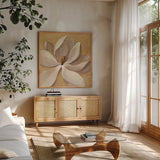 Sunset Flower I on Gold by Silvia Vassileva. Shown in a natural wood frame in a cozy modern living room. Available as an archival giclee rolled canvas, fine art paper, or poster print. SKU 29084a.