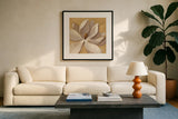 Sunset Flower I on Gold by Silvia Vassileva. Displayed in a glass frame with matte in a clean modern living room. Available as an archival giclee rolled canvas, fine art paper, or poster print. SKU 29084a.