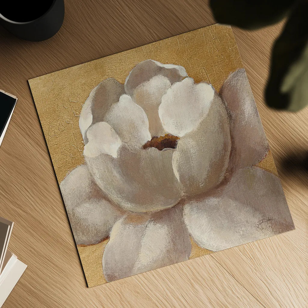 Sunset Flower II on Gold by Silvia Vassileva. Shown as a detailed flat fine art print, highlighting archival giclee quality. Available as an archival giclee rolled canvas, fine art paper, or poster print. SKU 29085a.