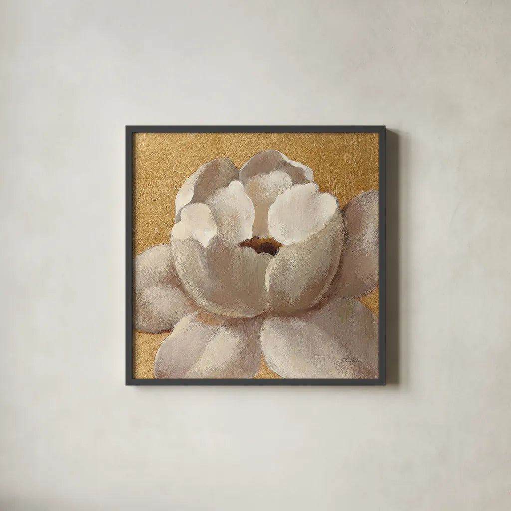Sunset Flower II on Gold by Silvia Vassileva. Shown in a sleek black glass frame for a contemporary gallery look. Available as an archival giclee rolled canvas, fine art paper, or poster print. SKU 29085a.