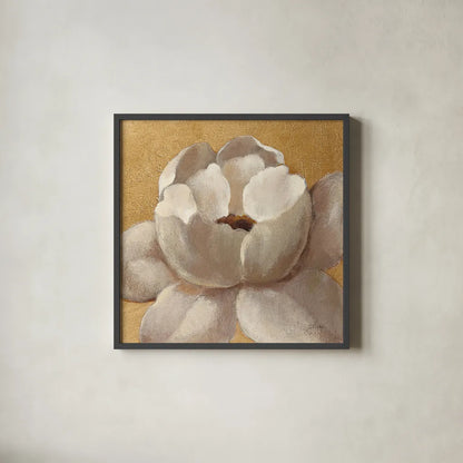 Sunset Flower II on Gold by Silvia Vassileva. Shown in a sleek black glass frame for a contemporary gallery look. Available as an archival giclee rolled canvas, fine art paper, or poster print. SKU 29085a.