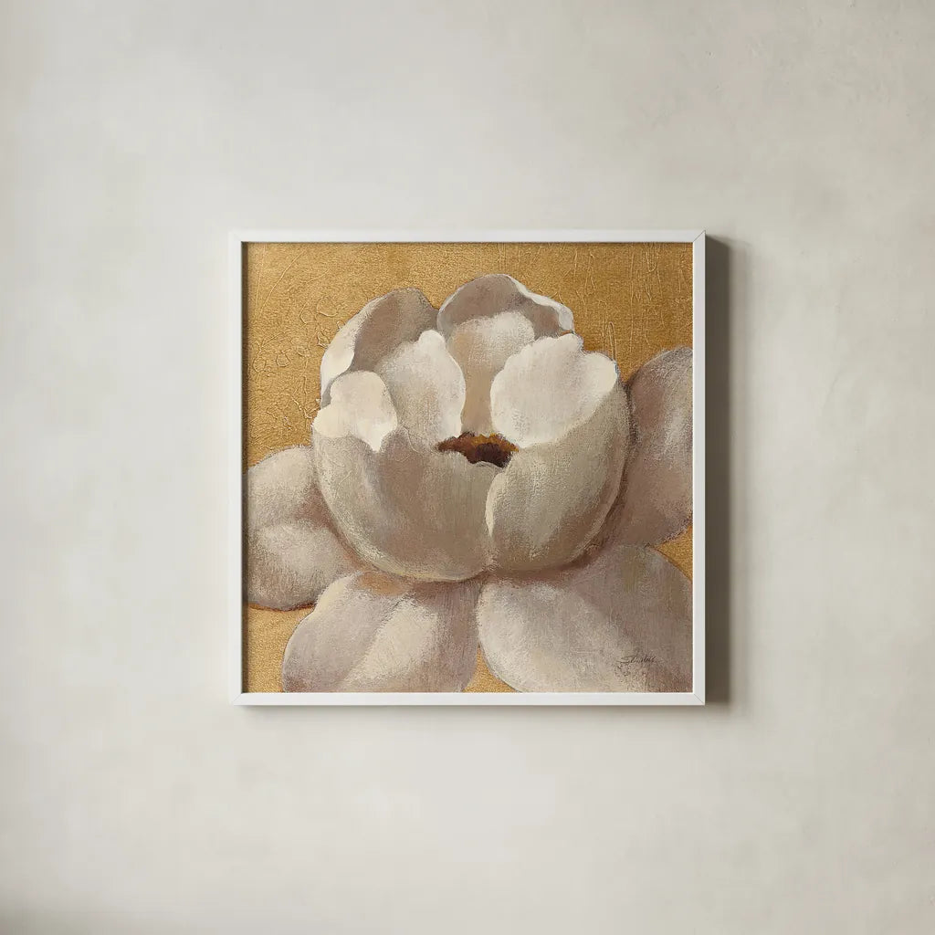 Sunset Flower II on Gold by Silvia Vassileva. Shown in a crisp white glass frame for a clean and minimalist style. Available as an archival giclee rolled canvas, fine art paper, or poster print. SKU 29085a.