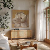 Sunset Flower II on Gold by Silvia Vassileva. Shown in a natural wood frame in a cozy modern living room. Available as an archival giclee rolled canvas, fine art paper, or poster print. SKU 29085a.