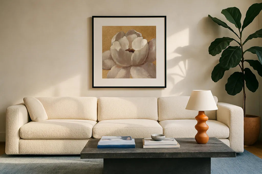 Sunset Flower II on Gold by Silvia Vassileva. Displayed in a glass frame with matte in a clean modern living room. Available as an archival giclee rolled canvas, fine art paper, or poster print. SKU 29085a.