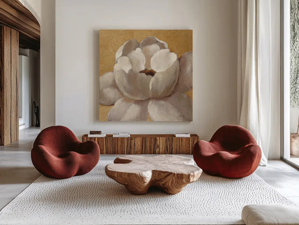 Sunset Flower II on Gold by Silvia Vassileva. Shown as extra-large giant wall art in a modern living room. Available as an archival giclee rolled canvas, fine art paper, or poster print. SKU 29085a.