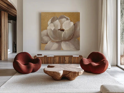 Sunset Flower II on Gold by Silvia Vassileva. Shown as extra-large giant wall art in a modern living room. Available as an archival giclee rolled canvas, fine art paper, or poster print. SKU 29085a.