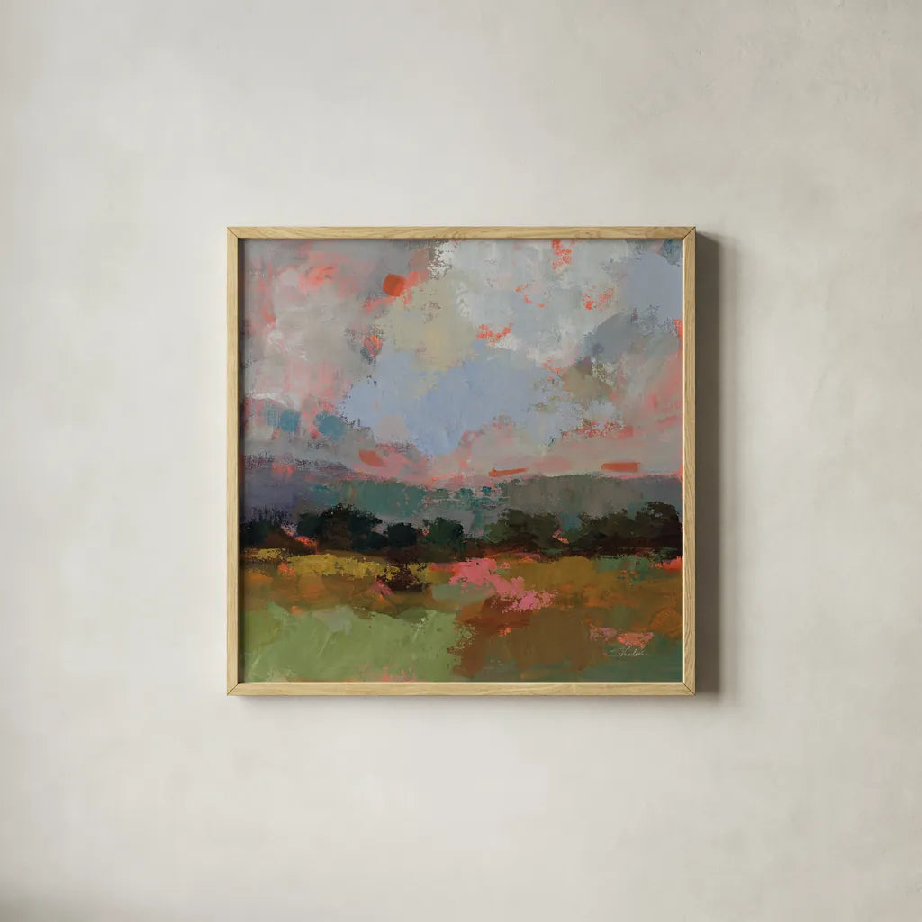 Sunset Hues I by Silvia Vassileva. Shown in a natural wood glass frame for a timeless modern aesthetic. Available as an archival giclee rolled canvas, fine art paper, or poster print. SKU 100278a.