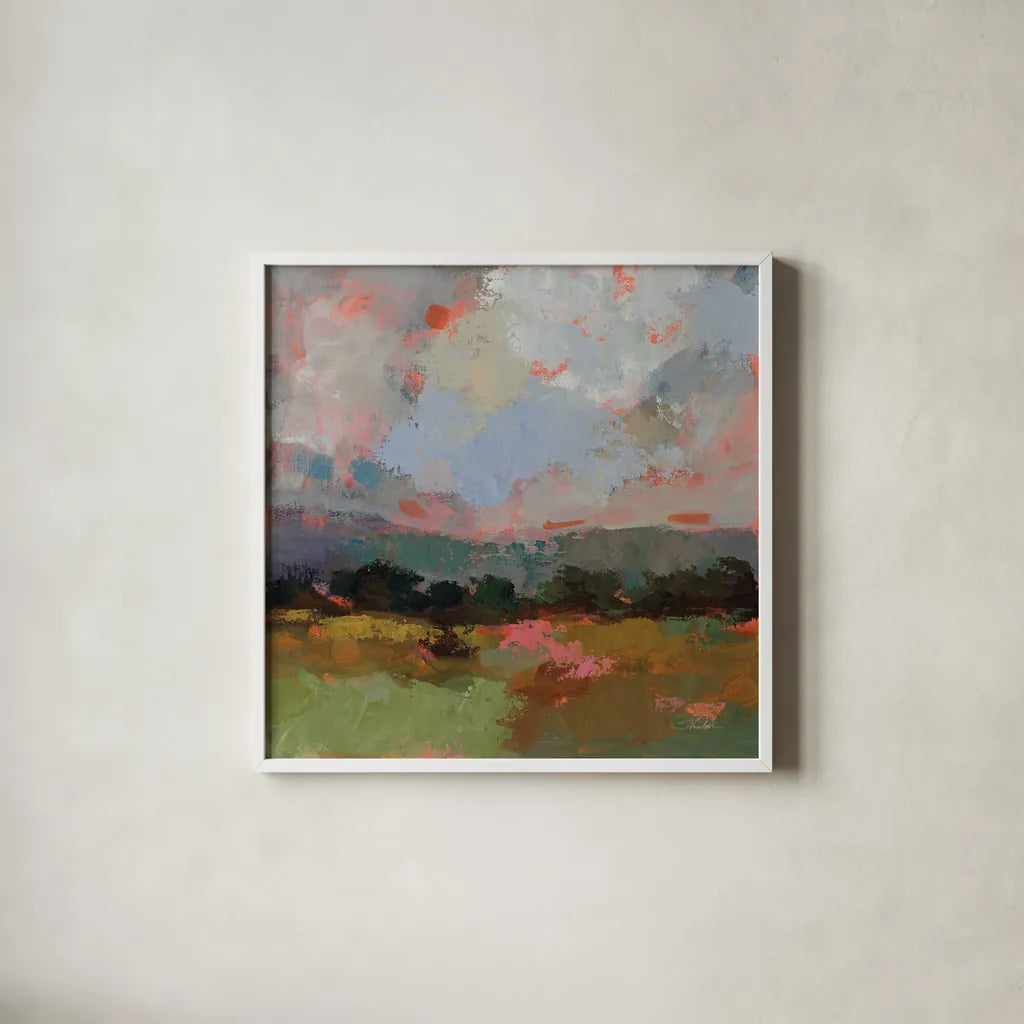 Sunset Hues I by Silvia Vassileva. Shown in a crisp white glass frame for a clean and minimalist style. Available as an archival giclee rolled canvas, fine art paper, or poster print. SKU 100278a.