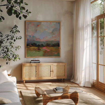 Sunset Hues I by Silvia Vassileva. Shown in a natural wood frame in a cozy modern living room. Available as an archival giclee rolled canvas, fine art paper, or poster print. SKU 100278a.