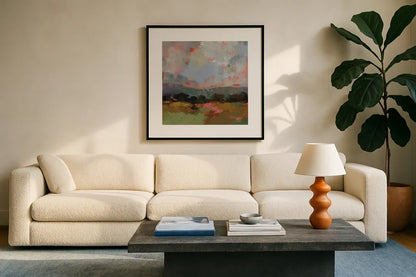 Sunset Hues I by Silvia Vassileva. Displayed in a glass frame with matte in a clean modern living room. Available as an archival giclee rolled canvas, fine art paper, or poster print. SKU 100278a.