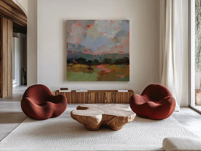 Sunset Hues I by Silvia Vassileva. Shown as extra-large giant wall art in a modern living room. Available as an archival giclee rolled canvas, fine art paper, or poster print. SKU 100278a.