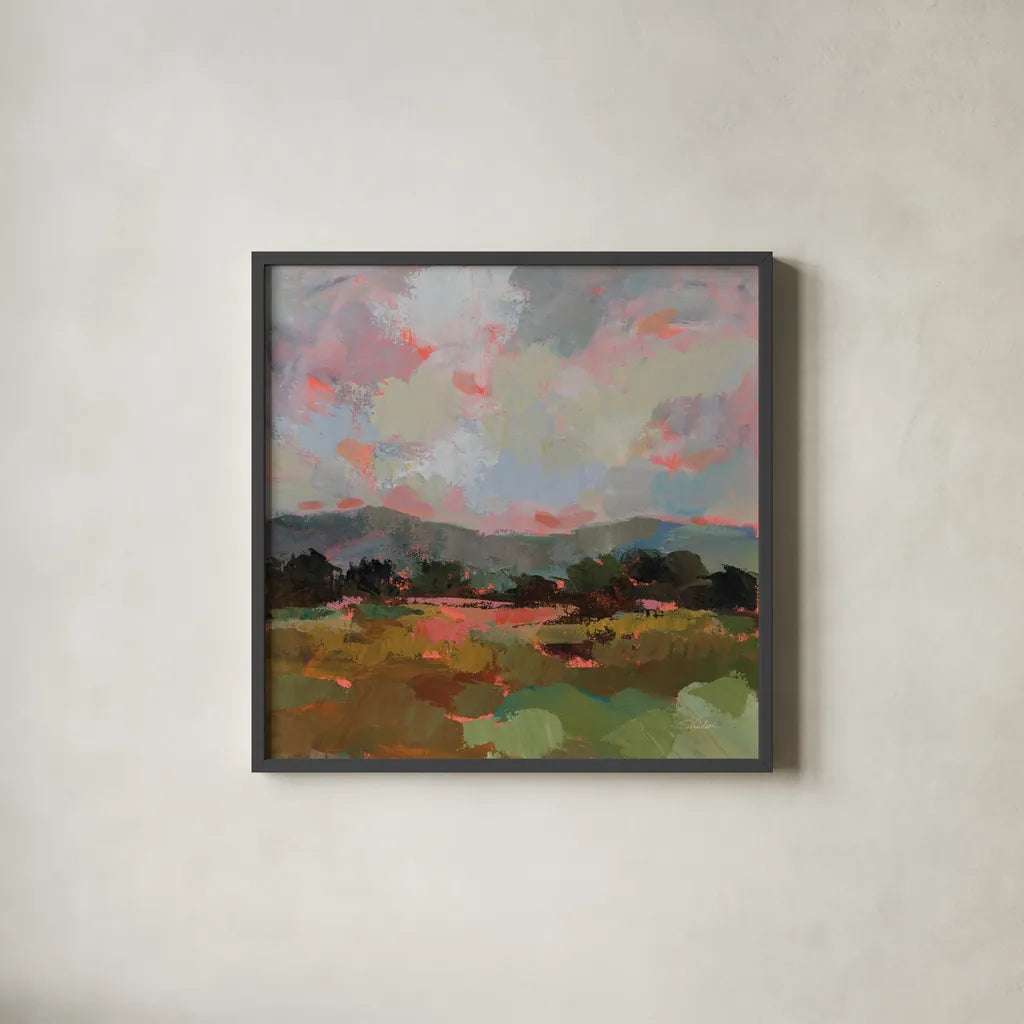 Sunset Hues II by Silvia Vassileva. Shown in a sleek black glass frame for a contemporary gallery look. Available as an archival giclee rolled canvas, fine art paper, or poster print. SKU 100279a.