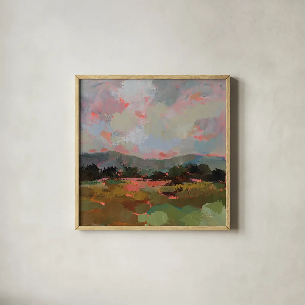 Sunset Hues II by Silvia Vassileva. Shown in a natural wood glass frame for a timeless modern aesthetic. Available as an archival giclee rolled canvas, fine art paper, or poster print. SKU 100279a.
