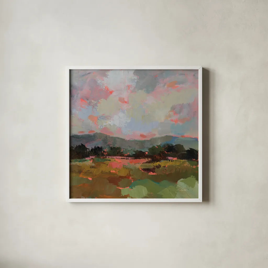 Sunset Hues II by Silvia Vassileva. Shown in a crisp white glass frame for a clean and minimalist style. Available as an archival giclee rolled canvas, fine art paper, or poster print. SKU 100279a.