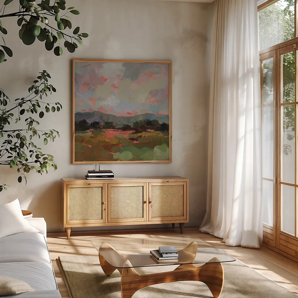 Sunset Hues II by Silvia Vassileva. Shown in a natural wood frame in a cozy modern living room. Available as an archival giclee rolled canvas, fine art paper, or poster print. SKU 100279a.