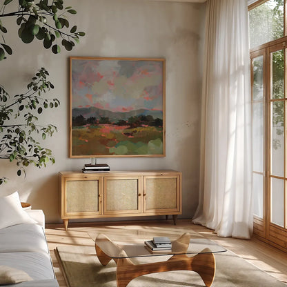 Sunset Hues II by Silvia Vassileva. Shown in a natural wood frame in a cozy modern living room. Available as an archival giclee rolled canvas, fine art paper, or poster print. SKU 100279a.