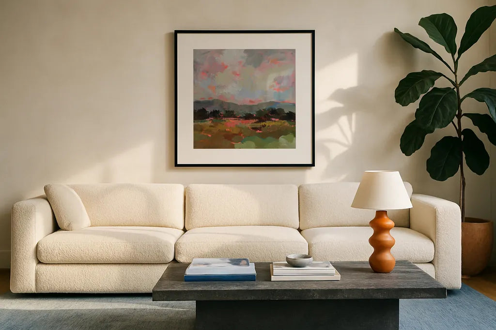 Sunset Hues II by Silvia Vassileva. Displayed in a glass frame with matte in a clean modern living room. Available as an archival giclee rolled canvas, fine art paper, or poster print. SKU 100279a.