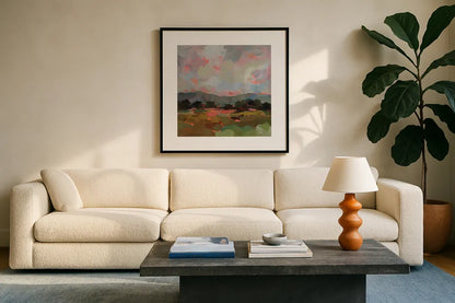 Sunset Hues II by Silvia Vassileva. Displayed in a glass frame with matte in a clean modern living room. Available as an archival giclee rolled canvas, fine art paper, or poster print. SKU 100279a.