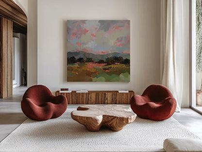 Sunset Hues II by Silvia Vassileva. Shown as extra-large giant wall art in a modern living room. Available as an archival giclee rolled canvas, fine art paper, or poster print. SKU 100279a.