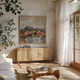 Sunset in April by Silvia Vassileva. Shown in a natural wood frame in a cozy modern living room. Available as an archival giclee rolled canvas, fine art paper, or poster print. SKU 99704a.