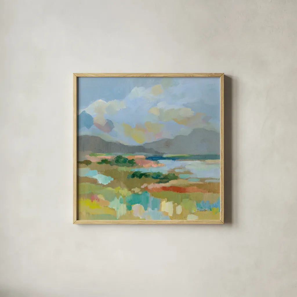 Sunshine by Silvia Vassileva. Shown in a natural wood glass frame for a timeless modern aesthetic. Available as an archival giclee rolled canvas, fine art paper, or poster print. SKU 84816a.