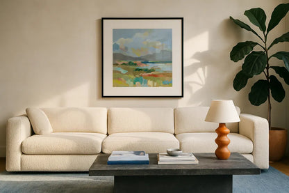 Sunshine by Silvia Vassileva. Displayed in a glass frame with matte in a clean modern living room. Available as an archival giclee rolled canvas, fine art paper, or poster print. SKU 84816a.