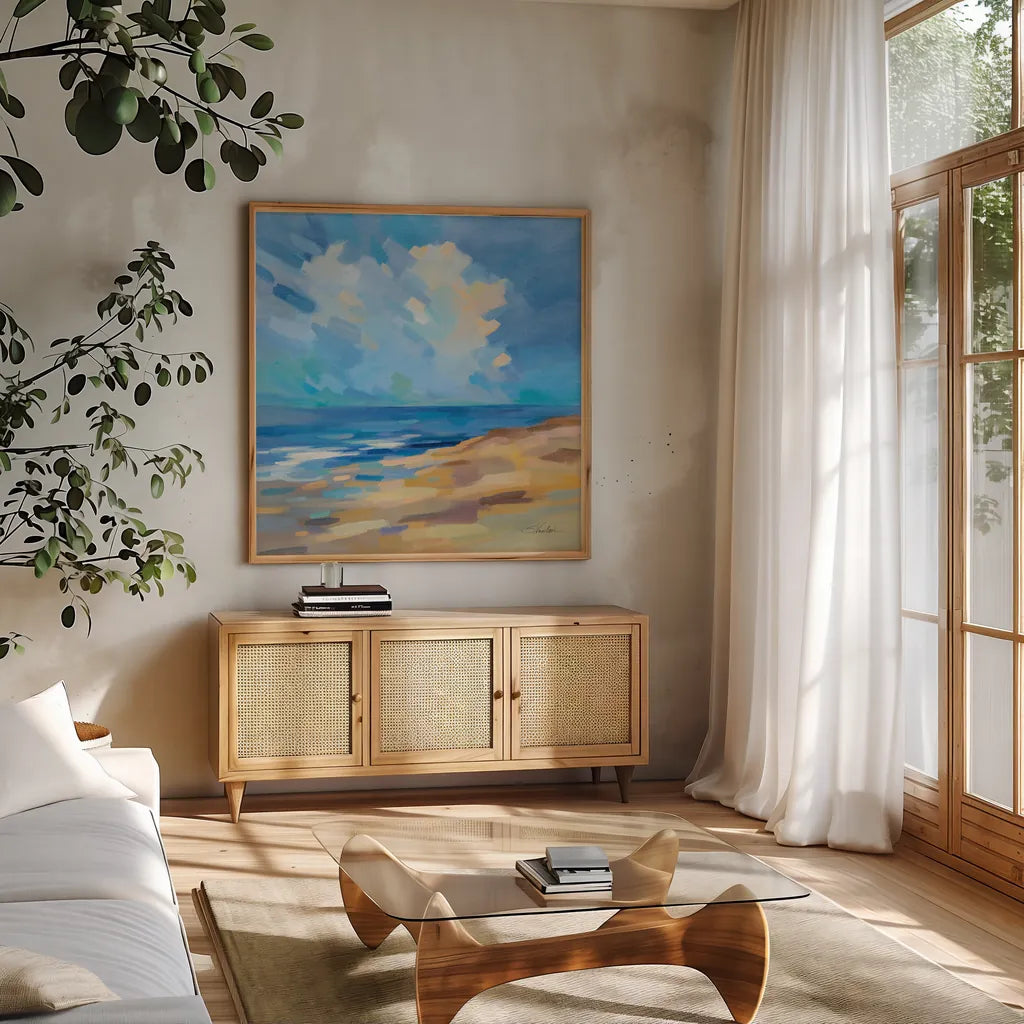 Sunshine Coast by Silvia Vassileva. Shown in a natural wood frame in a cozy modern living room. Available as an archival giclee rolled canvas, fine art paper, or poster print. SKU 80861a.
