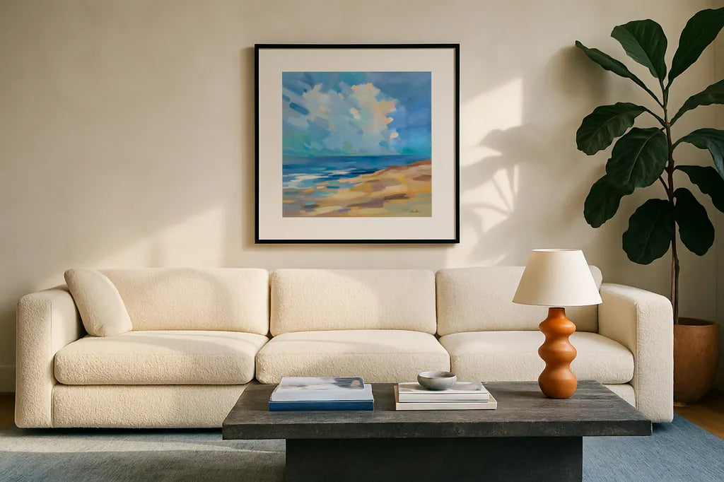 Sunshine Coast by Silvia Vassileva. Displayed in a glass frame with matte in a clean modern living room. Available as an archival giclee rolled canvas, fine art paper, or poster print. SKU 80861a.