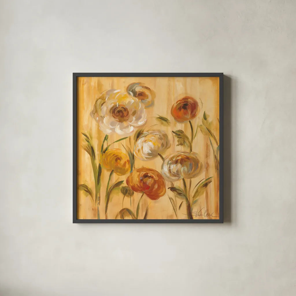 Sunshine Mums I by Silvia Vassileva. Shown in a sleek black glass frame for a contemporary gallery look. Available as an archival giclee rolled canvas, fine art paper, or poster print. SKU 5203a.