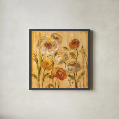 Sunshine Mums I by Silvia Vassileva. Shown in a sleek black glass frame for a contemporary gallery look. Available as an archival giclee rolled canvas, fine art paper, or poster print. SKU 5203a.