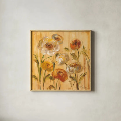 Sunshine Mums I by Silvia Vassileva. Shown in a natural wood glass frame for a timeless modern aesthetic. Available as an archival giclee rolled canvas, fine art paper, or poster print. SKU 5203a.