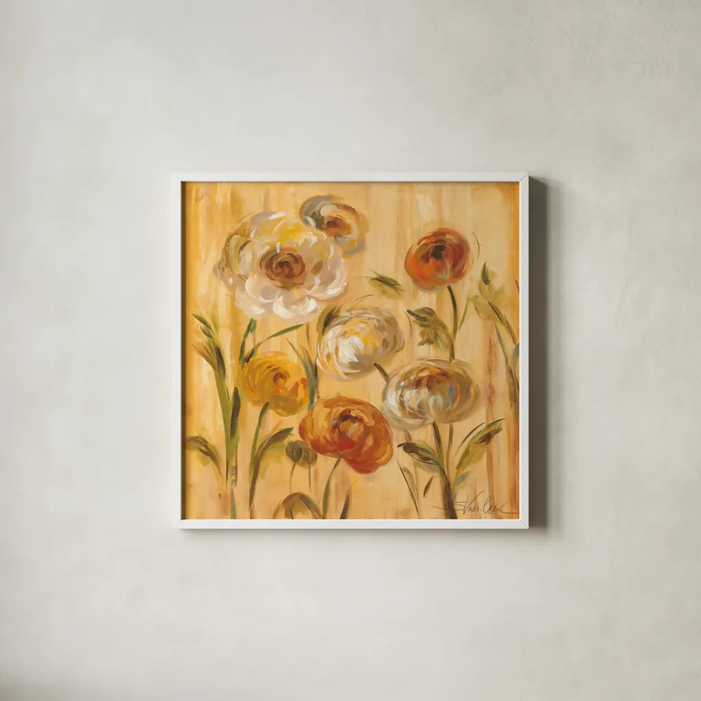 Sunshine Mums I by Silvia Vassileva. Shown in a crisp white glass frame for a clean and minimalist style. Available as an archival giclee rolled canvas, fine art paper, or poster print. SKU 5203a.