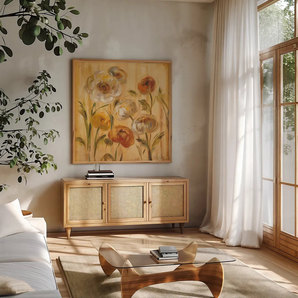 Sunshine Mums I by Silvia Vassileva. Shown in a natural wood frame in a cozy modern living room. Available as an archival giclee rolled canvas, fine art paper, or poster print. SKU 5203a.