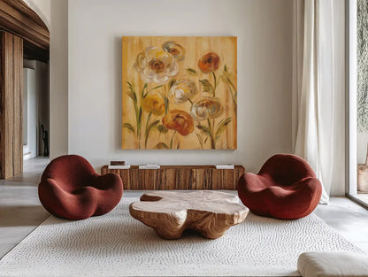 Sunshine Mums I by Silvia Vassileva. Shown as extra-large giant wall art in a modern living room. Available as an archival giclee rolled canvas, fine art paper, or poster print. SKU 5203a.