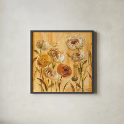 Sunshine Mums II by Silvia Vassileva. Shown in a sleek black glass frame for a contemporary gallery look. Available as an archival giclee rolled canvas, fine art paper, or poster print. SKU 5204a.