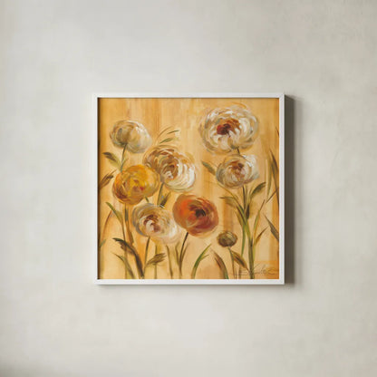 Sunshine Mums II by Silvia Vassileva. Shown in a crisp white glass frame for a clean and minimalist style. Available as an archival giclee rolled canvas, fine art paper, or poster print. SKU 5204a.