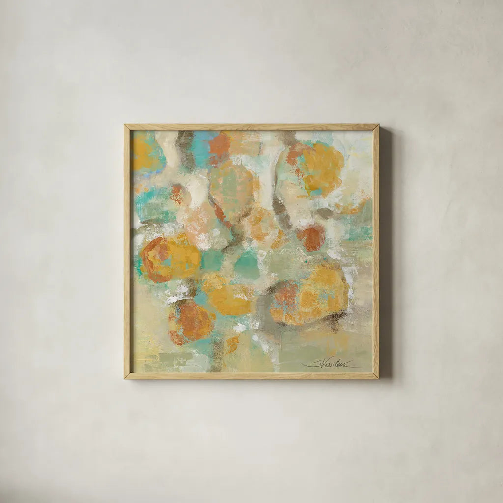 Sunshine Reflections by Silvia Vassileva. Shown in a natural wood glass frame for a timeless modern aesthetic. Available as an archival giclee rolled canvas, fine art paper, or poster print. SKU 22505a.