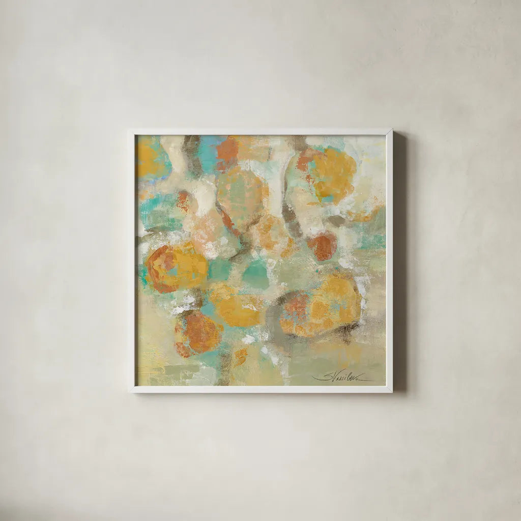 Sunshine Reflections by Silvia Vassileva. Shown in a crisp white glass frame for a clean and minimalist style. Available as an archival giclee rolled canvas, fine art paper, or poster print. SKU 22505a.