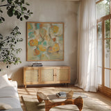 Sunshine Reflections by Silvia Vassileva. Shown in a natural wood frame in a cozy modern living room. Available as an archival giclee rolled canvas, fine art paper, or poster print. SKU 22505a.