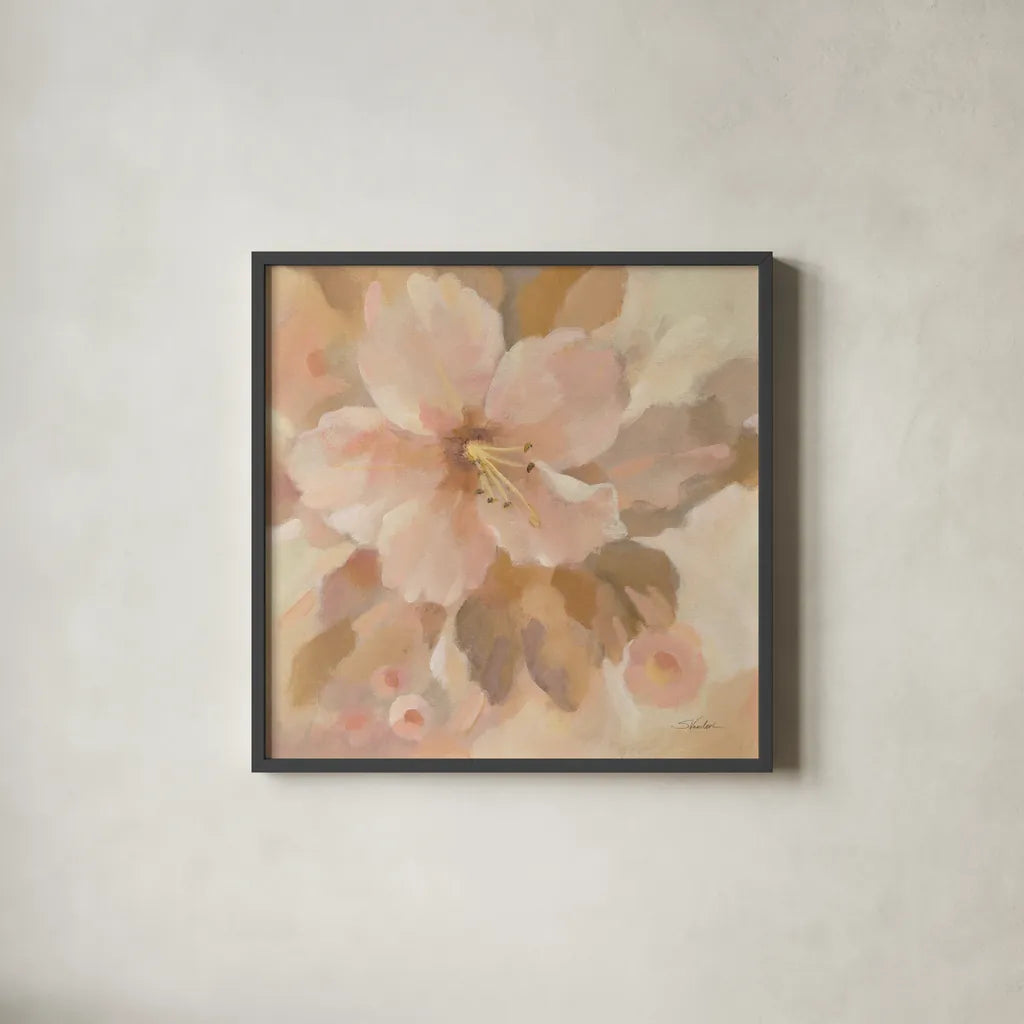 Sweet Boho Flower I by Silvia Vassileva. Shown in a sleek black glass frame for a contemporary gallery look. Available as an archival giclee rolled canvas, fine art paper, or poster print. SKU 72108a.