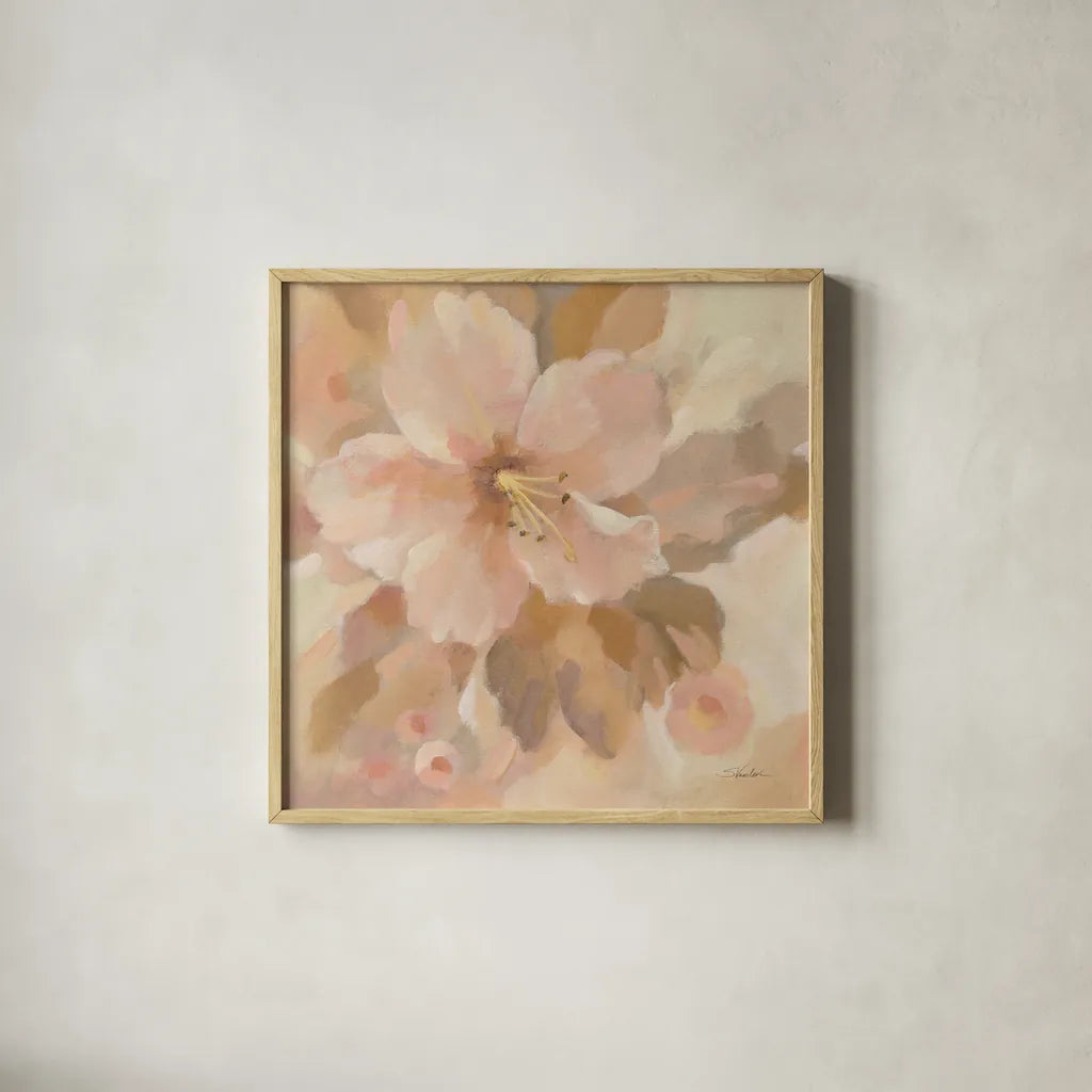 Sweet Boho Flower I by Silvia Vassileva. Shown in a natural wood glass frame for a timeless modern aesthetic. Available as an archival giclee rolled canvas, fine art paper, or poster print. SKU 72108a.