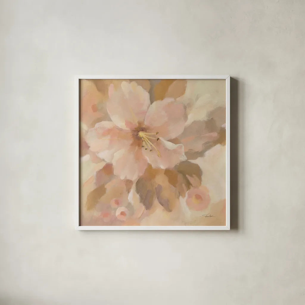 Sweet Boho Flower I by Silvia Vassileva. Shown in a crisp white glass frame for a clean and minimalist style. Available as an archival giclee rolled canvas, fine art paper, or poster print. SKU 72108a.